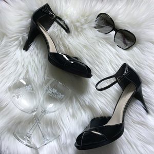 Ann Taylor Navy Patent Ankle Strap Peeptoe Heels